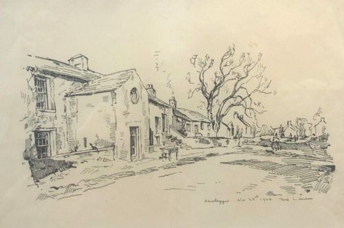 Fred Lawson Signed Original 1948 Ink Drawing Newbiggin Wensleydale Yorkshire Dales English Landscape