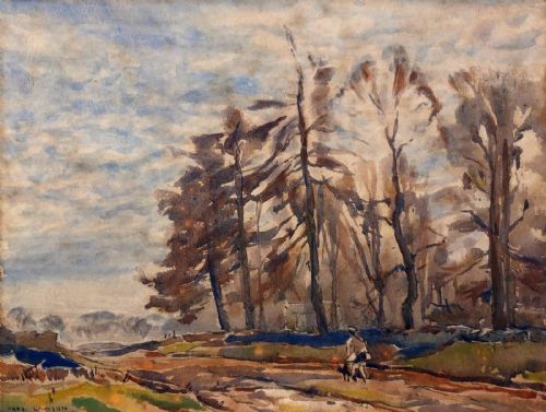 Fred Lawson Signed Original Vintage Watercolour Painting Man & Dog Walking in a Yorkshire Landscape