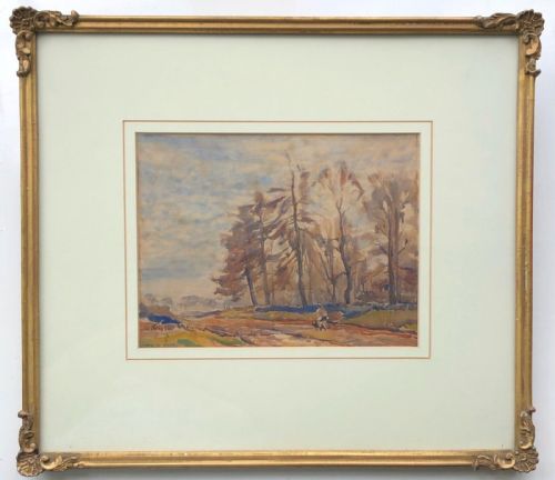 fig 1. Fred Lawson Signed Original Vintage Watercolour Painting Man & Dog Walking in a Yorkshire Landscape