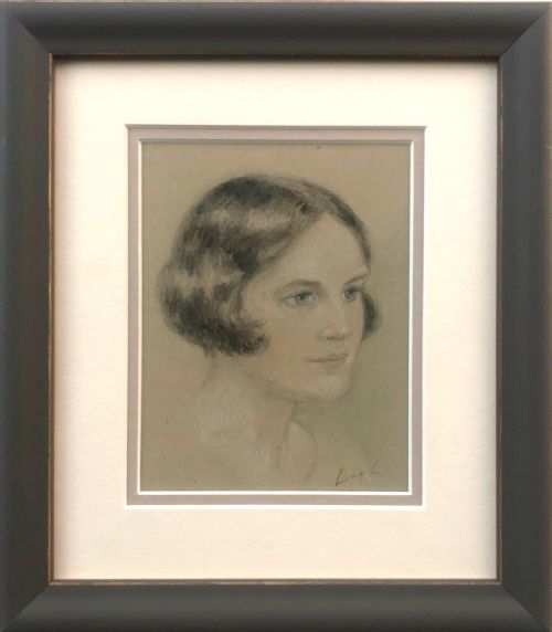 fig 1. Signed Original Early 20th Century Antique Pencil & Pastel Portrait Study Drawing of a Young Woman