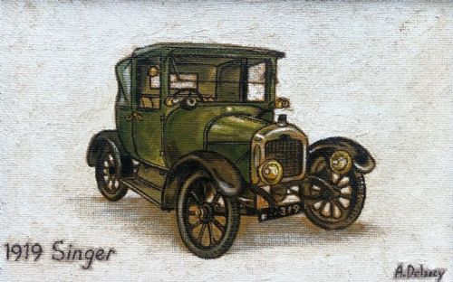 Arthur Delaney Signed Original Mid 20th Century British Northern Art Oil Painting on Board of a Green 1919 Singer Motorcar