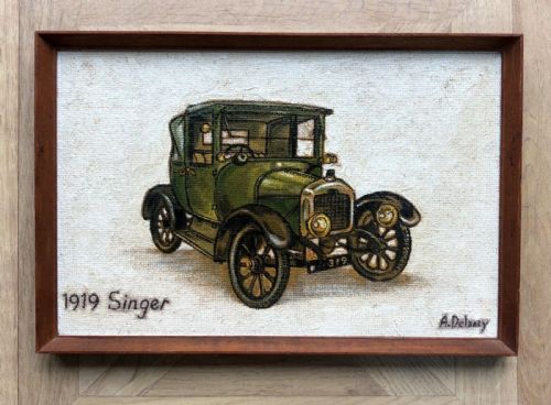 fig 1. Arthur Delaney Signed Original Mid 20th Century British Northern Art Oil Painting on Board of a Green 1919 Singer Motorcar