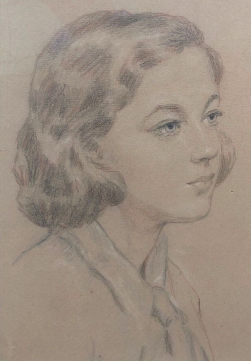 Original Vintage Early 20th Century English Pastel Portrait Drawing of a Young Lady