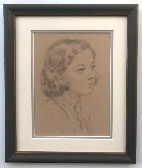 fig 1. Original Vintage Early 20th Century English Pastel Portrait Drawing of a Young Lady