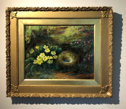 G Stainton Signed Original Antique Oil Painting on Canvas Still Life Study Primroses & Birds Nest