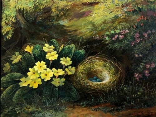fig 1. G Stainton Signed Original Antique Oil Painting on Canvas Still Life Study Primroses & Birds Nest