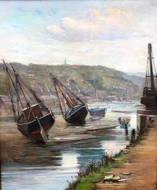 fig 1. Signed Fred A Simmonds Original Late 19th Century Antique Oil Painting on Canvas  Low Tide in Whitby Harbour, River Esk Estuary Yorkshire Landscape