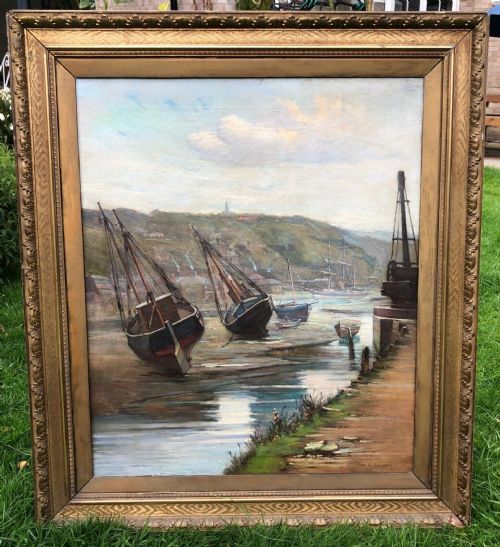 fig 2. Signed Fred A Simmonds Original Late 19th Century Antique Oil Painting on Canvas  Low Tide in Whitby Harbour, River Esk Estuary Yorkshire Landscape