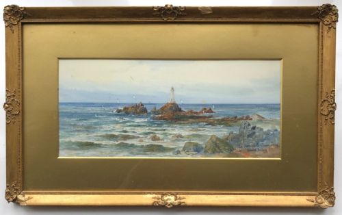 Thomas Sidney Signed Original 19th Century Antique Watercolour Painting Le Corbiere Lighthouse Jersey Seascape
