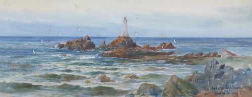 fig 1. Thomas Sidney Signed Original 19th Century Antique Watercolour Painting Le Corbiere Lighthouse Jersey Seascape
