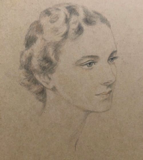 Original Early 20th Century Vintage Pencil Pastel Portrait of a Young Woman with Short Hair