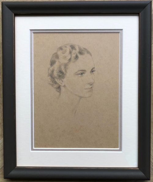 fig 1. Original Early 20th Century Vintage Pencil Pastel Portrait of a Young Woman with Short Hair