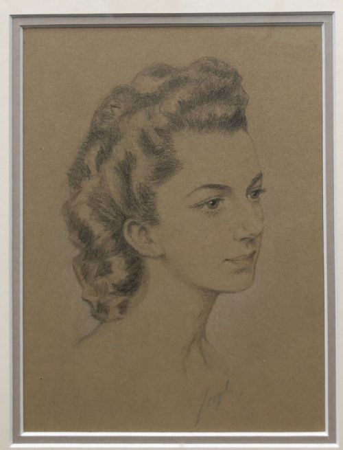 Original Mid 20th Century Vintage Pencil Portrait Drawing of a Lady with War Era Hairstyle