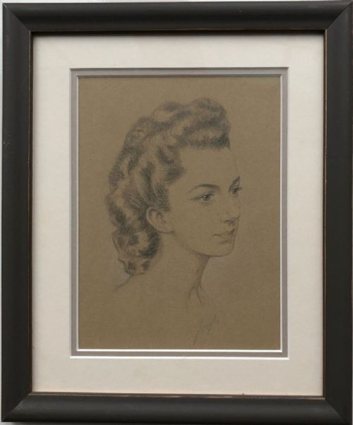 fig 1. Original mid 20th Century Vintage Pencil Portrait Drawing of a Lady with War Era Hairstyle