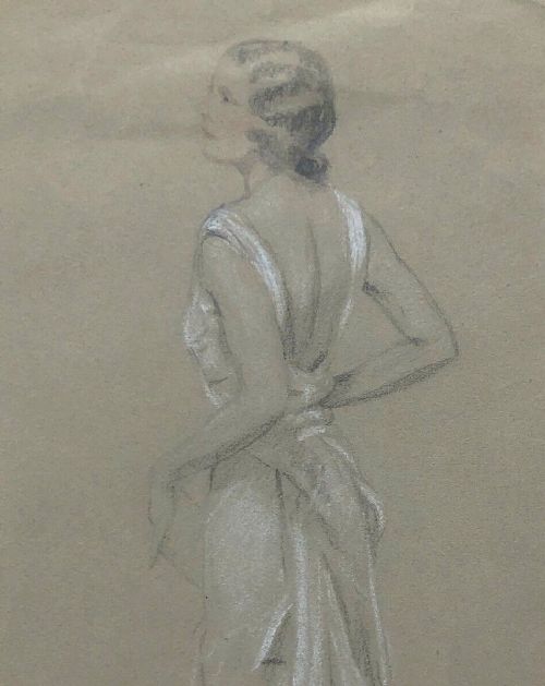 Signed Leigh Original Early 20th Century Vintage Pencil Pastel Sketch Portrait Female Figure wearing a Long Evening Dress