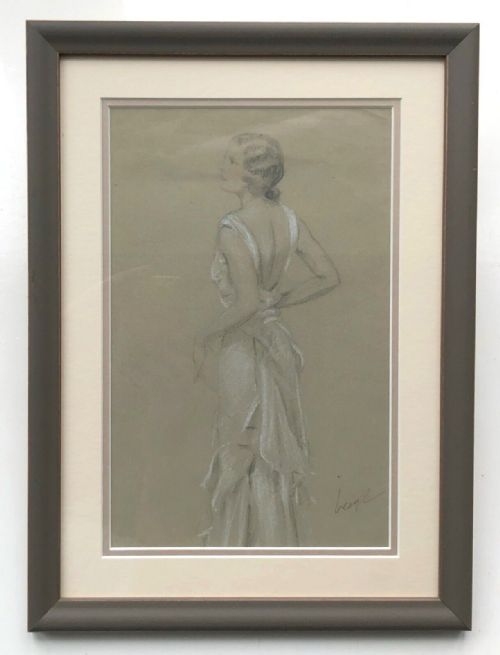 fig 1. Signed Leigh Original Early 20th Century Vintage Pencil Pastel Sketch Portrait Female Figure wearing a Long Evening Dress
