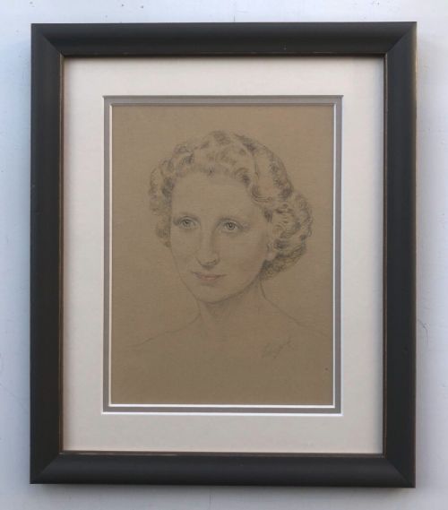 fig 1. Signed Leigh Original Early 20th Century Vintage Pencil & Pastel Sketch Portrait of a Blonde Lady Framed and Mounted