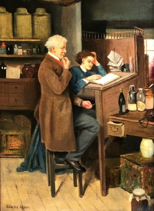 Charles Weber Signed Original Early 20th Century German Antique Oil Painting on Canvas Shopkeeper & His Daughter