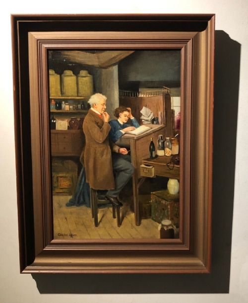 fig 1. Charles Weber Signed Original Early 20th Century German Antique Oil Painting on Canvas Shopkeeper & his Daughter