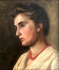 fig 1. British School Original Antique Oil Painting on Canvas Head & Shoulders Portrait of a Lady wearing a Red Necklace