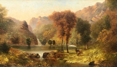 Arthur Knowles 1888 Signed Original 19th Century Antique Oil Painting on Canvas Stag in a Mountainous Landscape