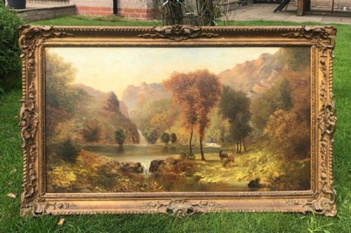 fig 1. Arthur Knowles 1888 Signed Original 19th Century Antique Oil Painting on Canvas Stag in a Mountainous Landscape