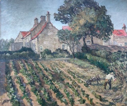 Amy Antill Signed Original Early 20th Century Antique Oil Painting on Canvas English Country Cottage Scene with Gardener at Work