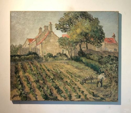 fig 1. Amy Antill Signed Original early 20th Century Antique Oil Painting on Canvas English Country Cottage Scene with Gardener at Work