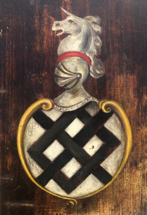 Coat of Arms Original English Heraldry Oil Painting on Wood Panel Knights Helmet Shield & Unicorn