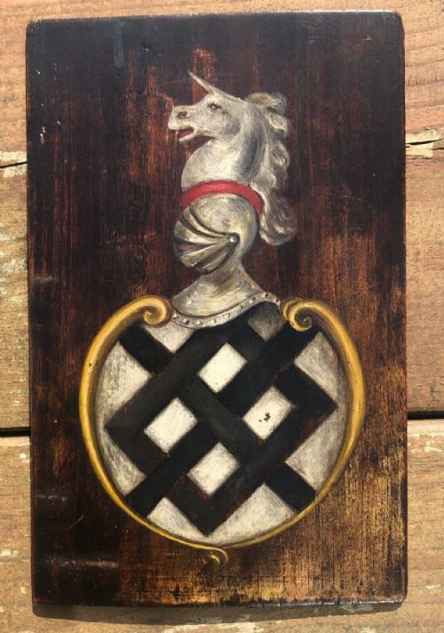fig 1. Coat of Arms Original English Heraldry Oil Painting on Wood Panel Knights Helmet Shield & Unicorn