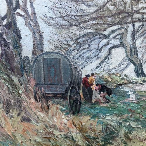 fig 1. Amy Antill Signed Original early 20th Century Antique Oil Painting on Canvas Gypsy Encampment in the Woods English Landscape