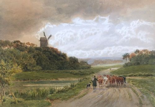 John Macpherson Signed Late 19th Century Original Antique Watercolour Painting Returning the Cattle English Country Landscape with a Windmill