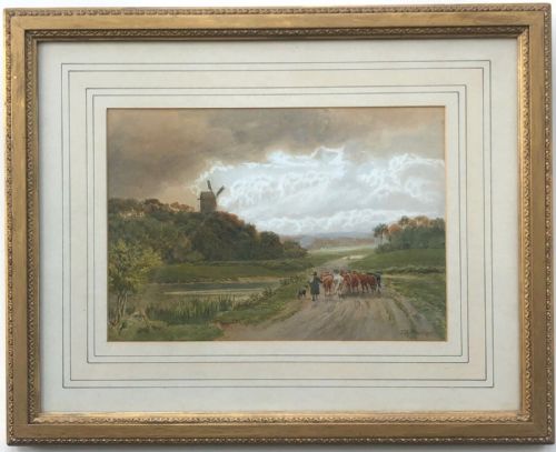 fig 1. John MacPherson Signed Late 19th Century Original Antique Watercolour Painting Returning the Cattle English Country Landscape with a Windmill