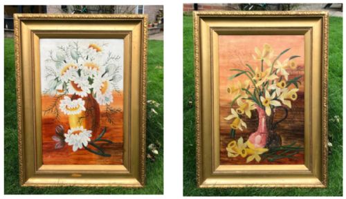 fig 1. TWO Original Antique circa 1930's Oil Paintings, Still Life Daffodils on Canvas & Giant Daisies Painted on Board