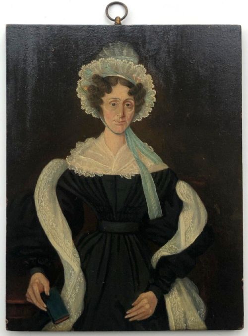 fig 1. Original Early 19th Century Antique Oil Painting on Wood Panel Portrait of Elizabeth Armitage of Armley, wearing a Black Dress with Lace Cap & Shawl
