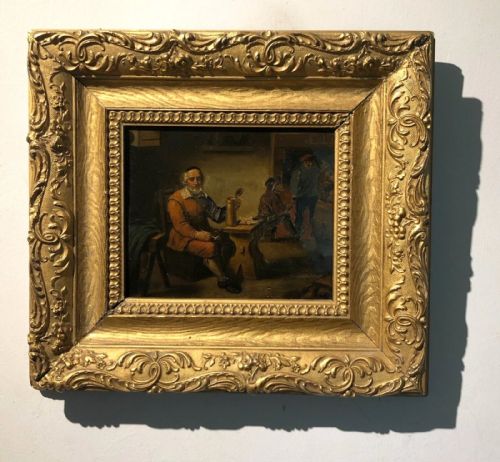 Original Early 19th Century Antique Oil Painting on Metal Panel Dutch School Tavern Interior with Gilt Frame