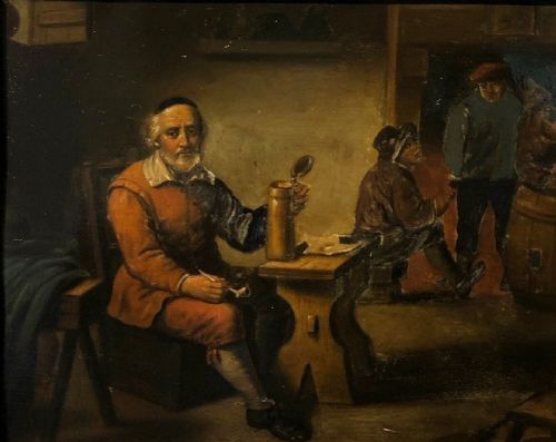 fig 1. Original early 19th Century Antique Oil Painting on Metal Panel Dutch School Tavern Interior with Gilt Frame