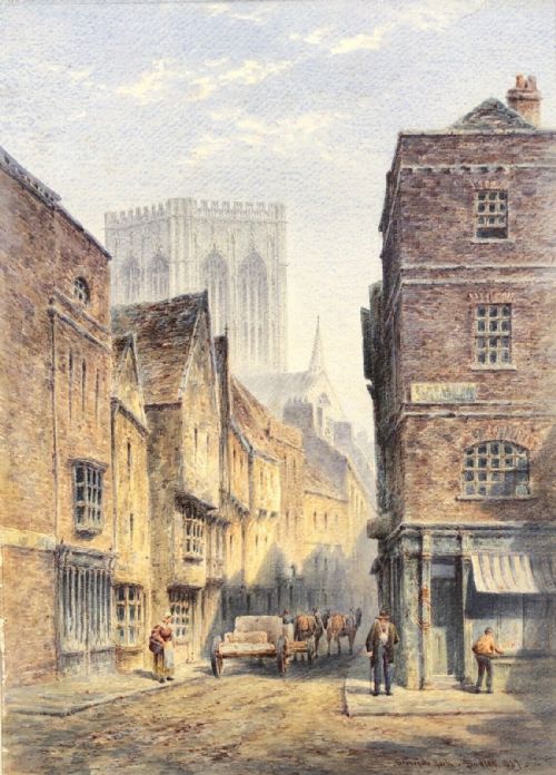 Thomas Dudley 1887 Signed Original Antique Watercolour Painting Stonegate from St Helens Square York English Street Scene