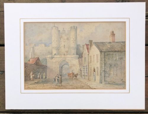 fig 1. JWK 1894 Signed Original 19th Century Antique Watercolour Painting Micklegate Bar, York City Walls, English Landscape Townscape