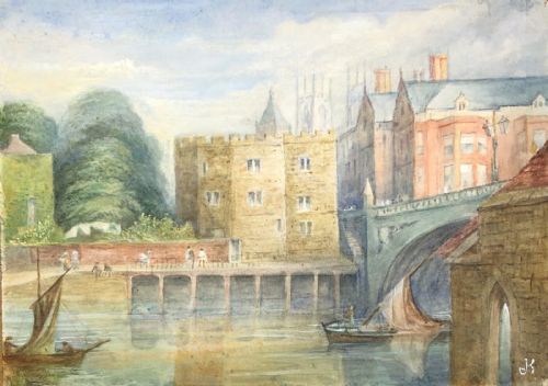 fig 1. JWK Signed Original 19th Century Antique Watercolour Painting River Ouse, Lendal Bridge, York English Landscape