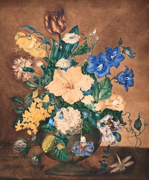 fig 1. Original Early 20th Century Antique Watercolour Painting Still Life Study of Flowers in a Vase with Dragonfly