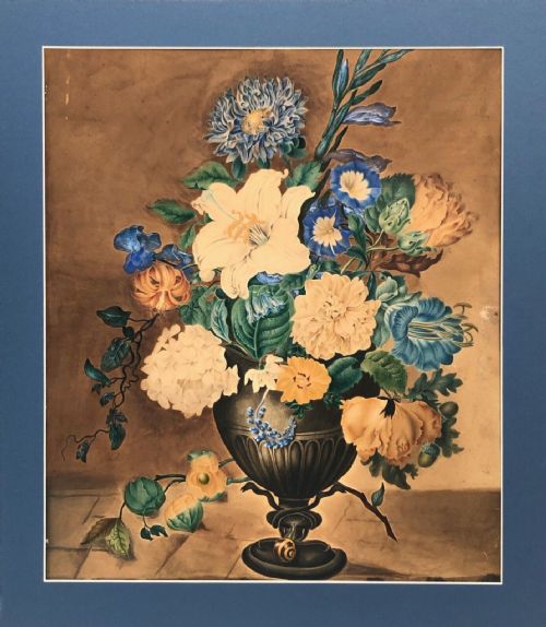 Original Early 20th Century English Antique Watercolour Painting Still Life Study of Flowers, Vase & Snail