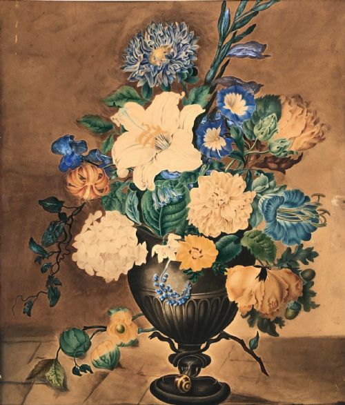 fig 1. Original early 20th Century English Antique Watercolour Painting Still Life Study of Flowers, Vase & Snail