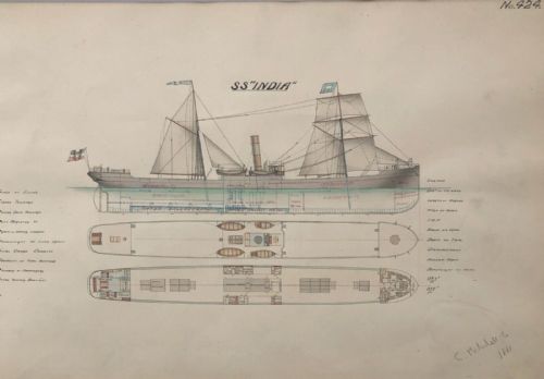 Original 19th Century Ship Plan / Technical Drawing 'Ss India ' Signed C Mitchell & Co, Dated 1881