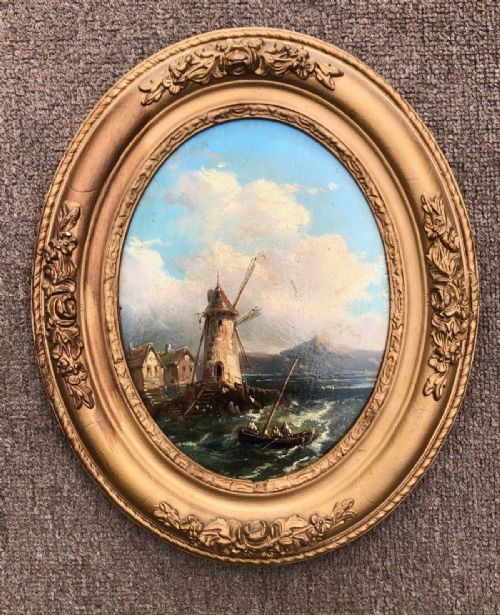 fig 1. Original 19th Century Antique French School Oil Painting on Oval Wooden Panel Coastal Landscape Harbour & Windmill