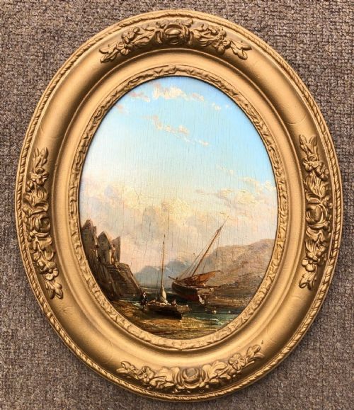 fig 1. Original 19th Century Antique French School Oil Painting on Oval Wood Panel Coastal View Fishing Village & Boats