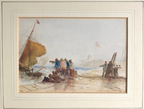 fig 1. William J Callcott Signed Original 19th Century Antique Watercolour Painting Quayside Fisherman Seascape