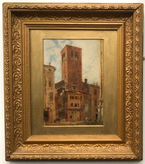 Initialled Rpb Early 19th Century Circle of Rp Bonington Original Antique Oil Painting Italian Plaza in Gilt Frame