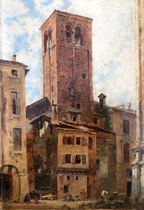 fig 1. Initialled RPB Early 19th Century Circle of RP Bonington Original Antique Oil Painting Italian Plaza in Gilt Frame