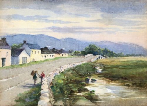 Irish School Original Early 20th Century Antique Watercolour Painting on Linen County Cork Ireland Village Landscape